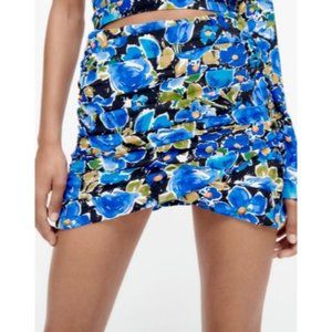 NWT ZARA Women Skirt S Blue Floral Mini Tiered Fitted Short Chiffon Blogger Fave